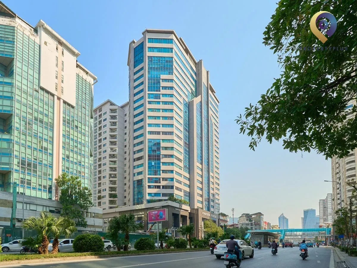 Exterior view of Viwaseen Tower from the main street in Hanoi.